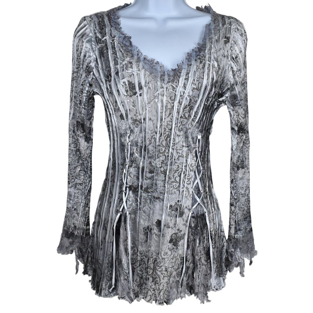 Komarov Silver White Crinkle Pleat Lace Blouse Top Women's S Y2K Fairy Whimsy